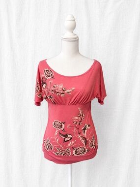 a'gaci Rose Pink Floral Scoop-Neck Short Sleeve Y2K Top